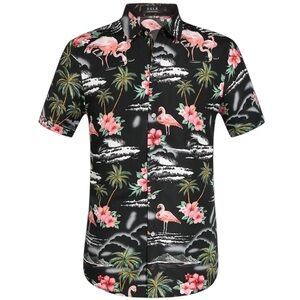 SSLR men’s collection tropical black & pink flamingo button up